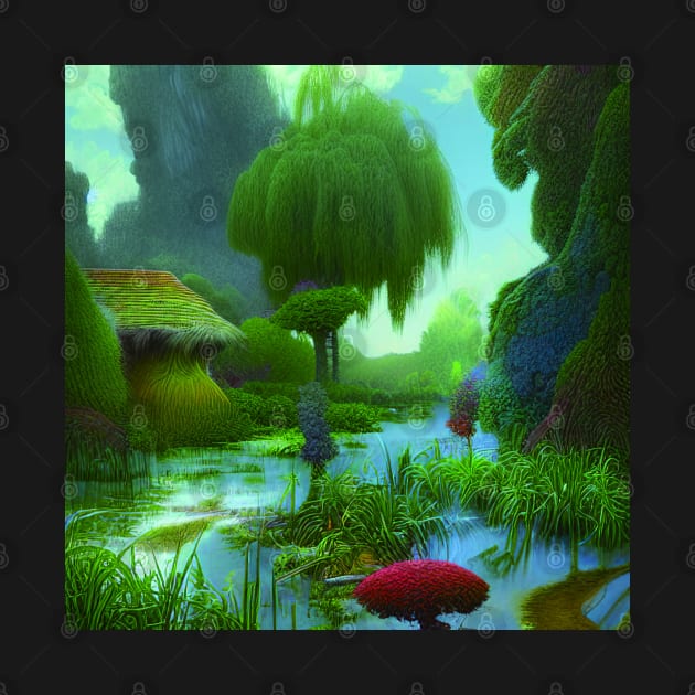 Digital Painting Scene Of a Lake Between Many Plants,  Scenery Nature by Promen Art