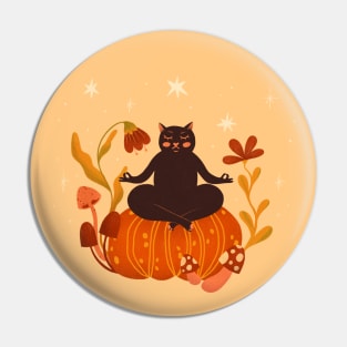 Cute cat meditation on pumpkin. Halloween autumn seasonal illustration Pin