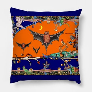 WEIRD MEDIEVAL BESTIARY,FLYING BATS IN NIGHT BLUE ORANGE ,UNICORN,KILLER RABBIT Pillow