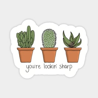 You're lookin' sharp - Three cute cactus in pots with a funny pun Magnet