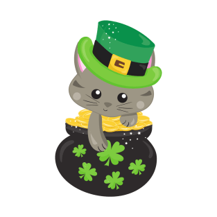 Saint Patrick's Day Cat, Clovers, Pot Of Gold T-Shirt