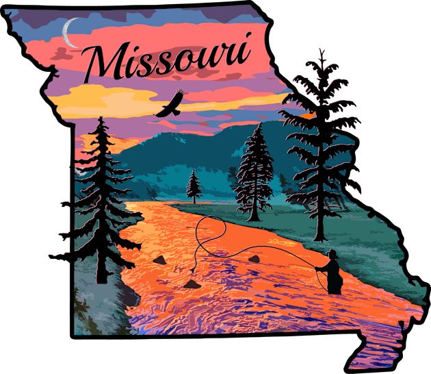 Fly Fishing Missouri State Map Mountain Sunset River Retro Kids T-Shirt by TeeCreations