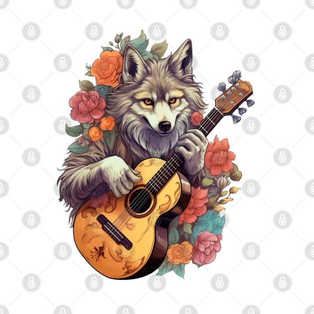 Grey Wolf Playing Guitar Floral by Schalag Dunay Artist