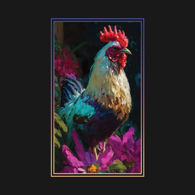 Chicken Rooster Vibrant Tropical Flower Tall Digital Oil Painting Portrait by ArtHouseFlunky