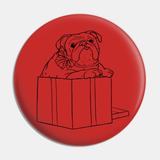 Illustrated cute english Bulldog jumping out of a present box Pin