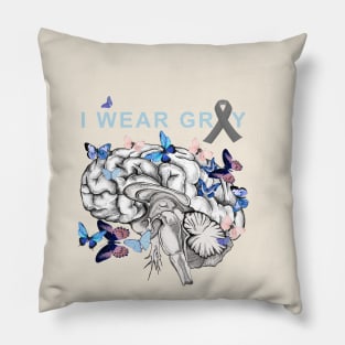 I Wear Grey, Brain Cancer Awareness Brain Tumor, with blue butterflies Pillow