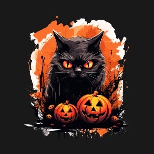 Spooky Black Cat with Halloween Pumpkins T-Shirt