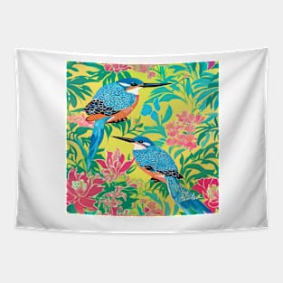 Chinoiserie kingfishers and flowers on yellow Tapestry
