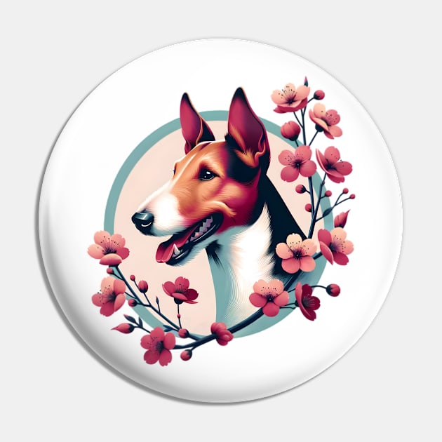 Smooth Fox Terrier Embraces Spring Cherry Blossoms Pin by ArtRUs