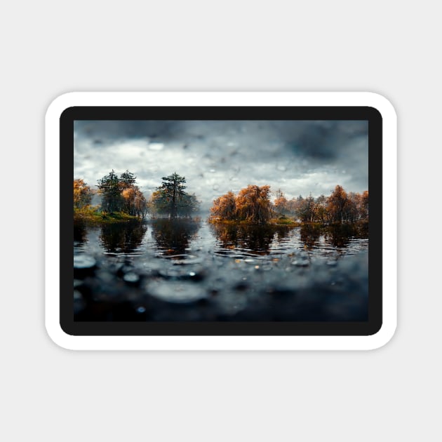 Foggy Lake Falling Raindrops On A Rainy Autumn Day Magnet by Unwind-Art-Work