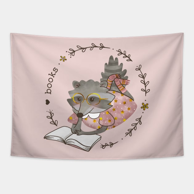 Raccoon reading Tapestry by Wlaurence