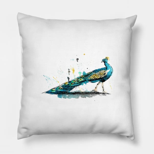 Colorful Peacock Drawing Pillow by rachelsfinelines