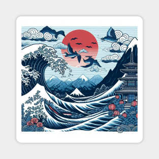 The Sea Wave and Flying Fish in Japanese Style Magnet