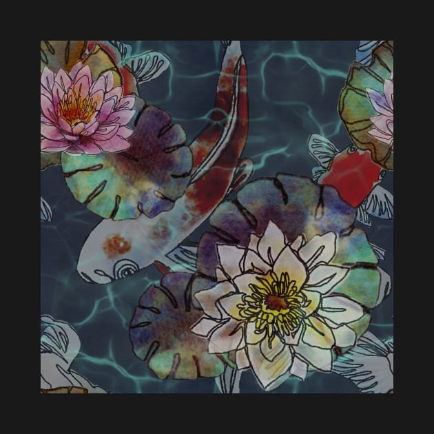 Lotus flowers Dark Blue Koi Fish by ArtInPi