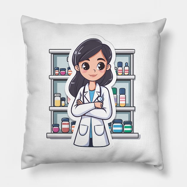 Pharmacist Woman Cute Pharmacy Cartoon Stlye Pillow by Vlaa