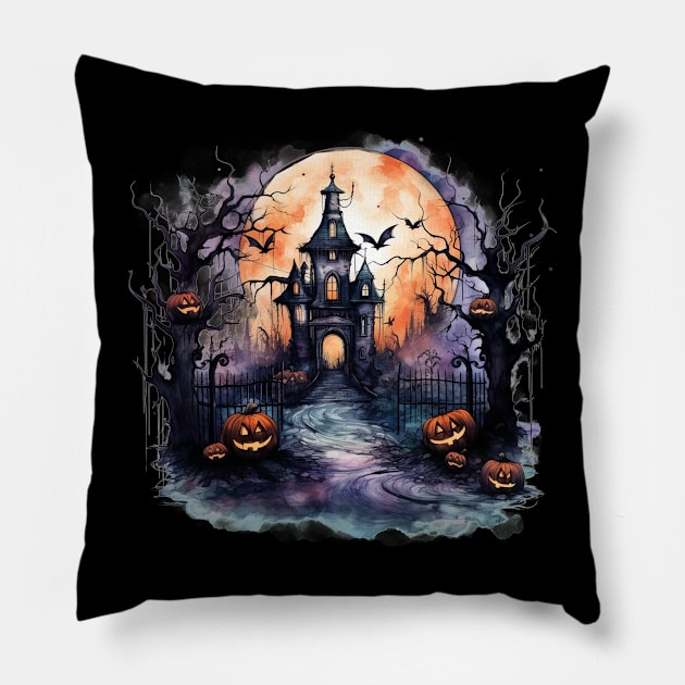 Scary Halloween Castle Watercolor Style Pillow by AnnaMDesigne