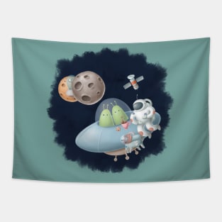 Open space with astronauts and aliens. Tapestry