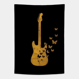 S-Style Electric Guitar Silhouette Turning Into Butterflies Gold Tapestry