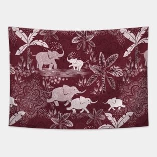 Happy elephants in burgundy red Tapestry