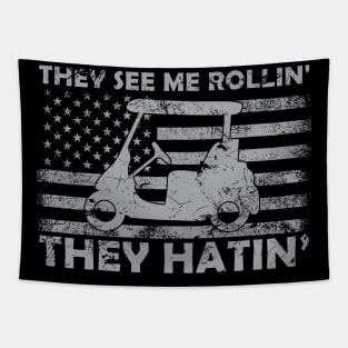 Funny Golfer Dad Husband Mens US Flag They See Me Rolling Tapestry
