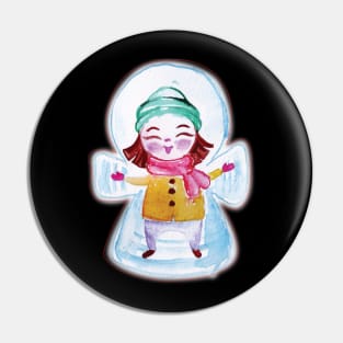 Girl making snow angel in watercolor Pin