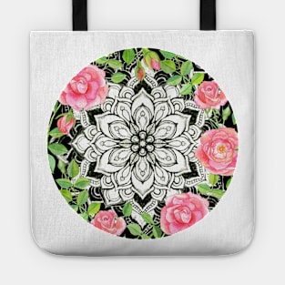 Peach Pink Roses and Mandalas on Black and White Lace Tote