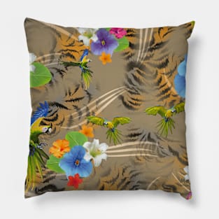 Colorful flowers and parrots with leopard skin texture Pillow