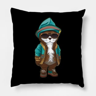 Cute Hipster Cat Wearing a Hoodie and Sunglasses with Long Beard Pillow