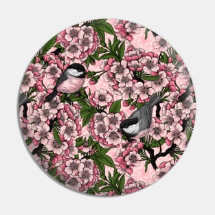 Cherry blossom and chickadees on pink Pin