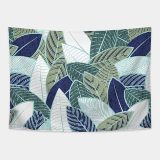 Leaf wall // pattern // navy blue pine and sage green leaves mint lines Tapestry