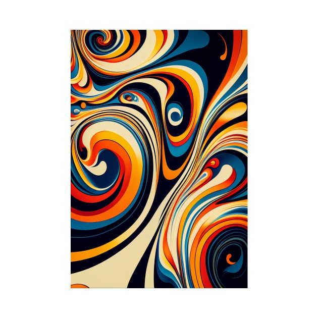 Liquid Swirl Contemporary Abstract Pattern in Orange, Yellow, Black, Navy, Blue, Green, Brown, Cream, Gold, Red by HiArtify