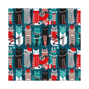 Feline Christmas vibes // pattern // dark teal background grey mint white brown and black kittens T-Shirt