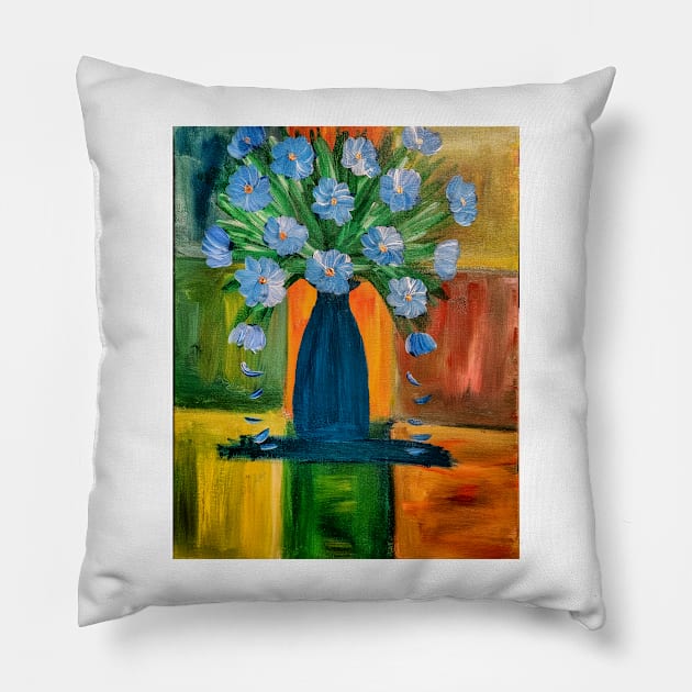 Mixed flowers in turquoise vase on a colorful tiles background Pillow by kkartwork