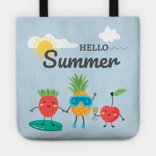 Hello Summer Cool design for summertime. Strawberry, cherry, pineapple with a beach landscape Tote