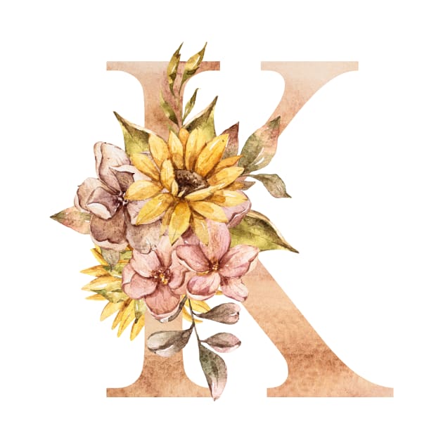 Watercolor sunflower bouquet monogram letter K by tiana geo