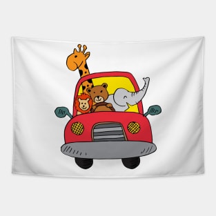Cute animals in car on road. Tapestry