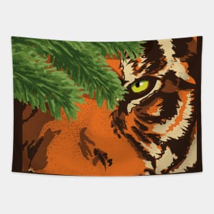 a tiger peeks out from behind the fir branches Tapestry