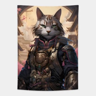 Cherry Blossom Samurai Cat Tapestry