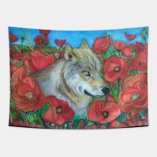 Wolf and Red Poppies Tapestry