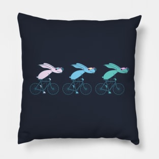 Three funny bicycle bunnies Pillow