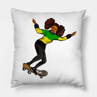 Jamaica jumper skateboarding- manga anime Jamaican girl on a skateboard wearing jumper with the  colours of Jamaican flag in black green and yellow Pillow