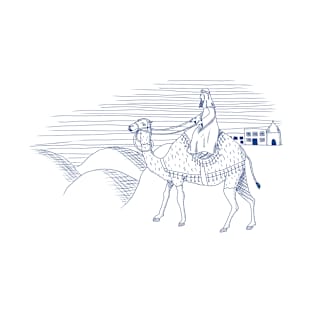 Camel and Rider in Desert in Navy Pen and Ink T-Shirt