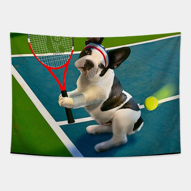 French Bulldog Dog Playing Tennis Tapestry by Random Galaxy