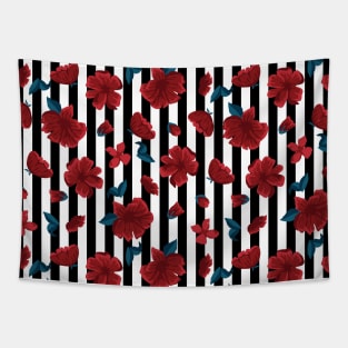 Red Textured Flowers on Black and White Stripes Modern Tapestry