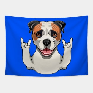 American Bulldog dog. Horns, Rock gesture. Dog portrait. American bulldog portrait Tapestry