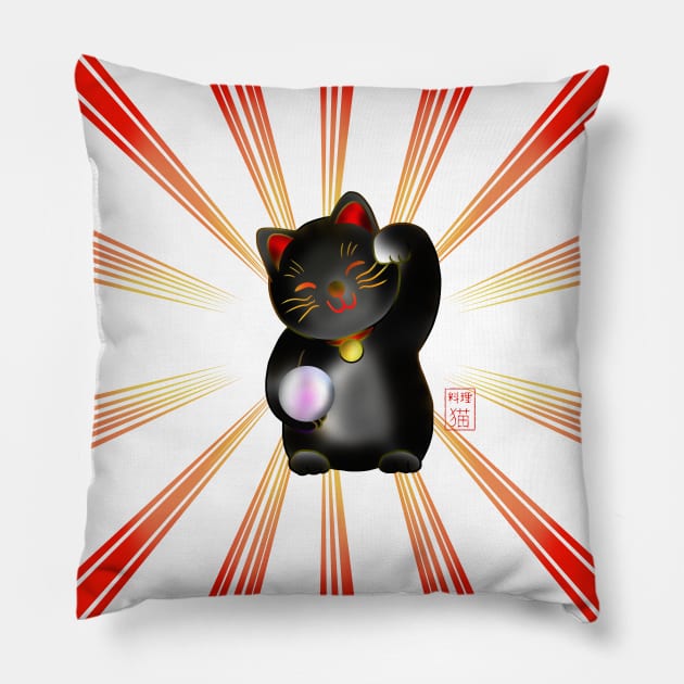 Lucky cat, black maneki Pillow by cuisinecat