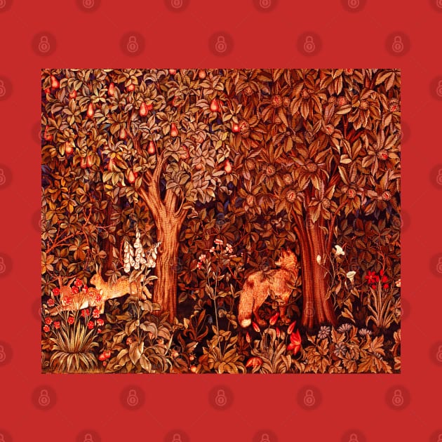 AUTUMN FOREST ANIMALS Fox and Hares Red Brown Floral Tapestry by BulganLumini