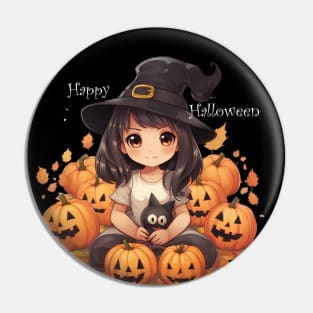 Cute little witch with black cat for Halloween. Pin