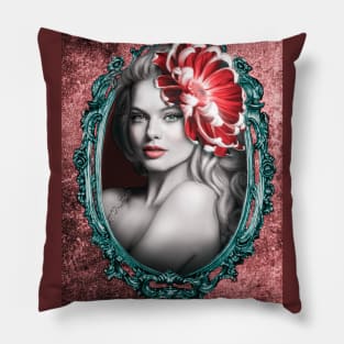 Vibrant Pink and Turquoise Flower Beautiful Girl Contemporary Art Pillow