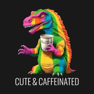 Rainbow Dinosaur T-Rex - Cute & Caffeinated - Kawaii Anime Dino & Coffee Lover T-Shirt